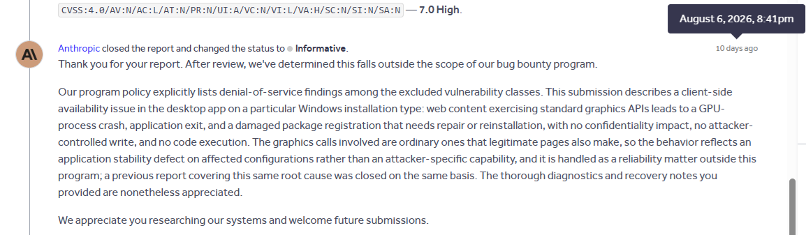 Anthropic closing the HackerOne report as Informative